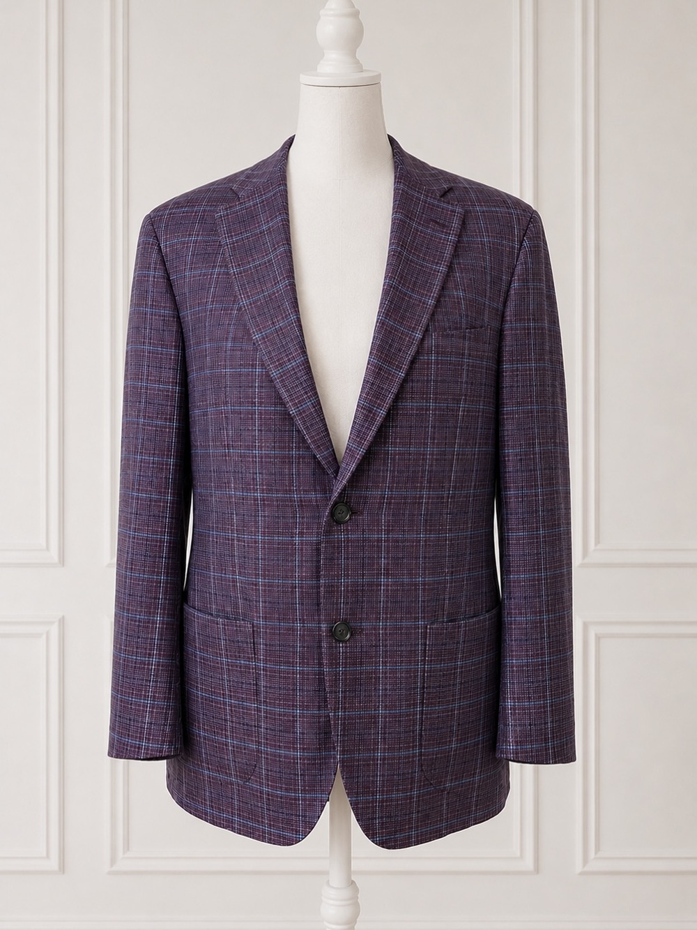 JKT New York 100% Linen Plaid Sport Coat Blazer Men’s 44R Purple Blue Windowpane